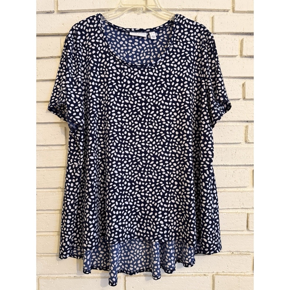 Susan Graver Liquid Knit Top XL Short Sleeve‎ U‑Neck Blue White Ditzy Dot Print
